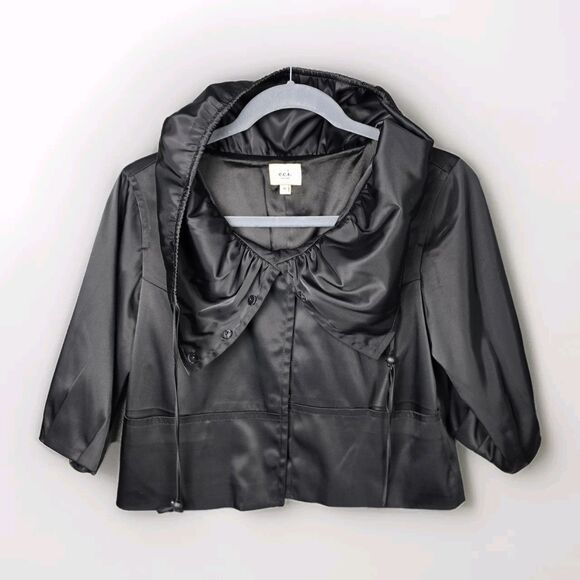 ECI New York Jacket Womens 12 Black Satin Big Collar Swing Crop Pockets Stretch - Picture 1 of 16